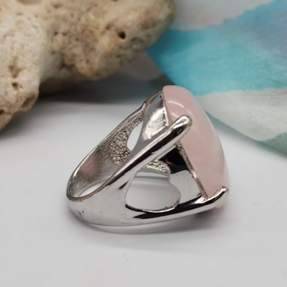 Nature Rose Quartz Silver Ring Healing Genuine Love Protective Crystal